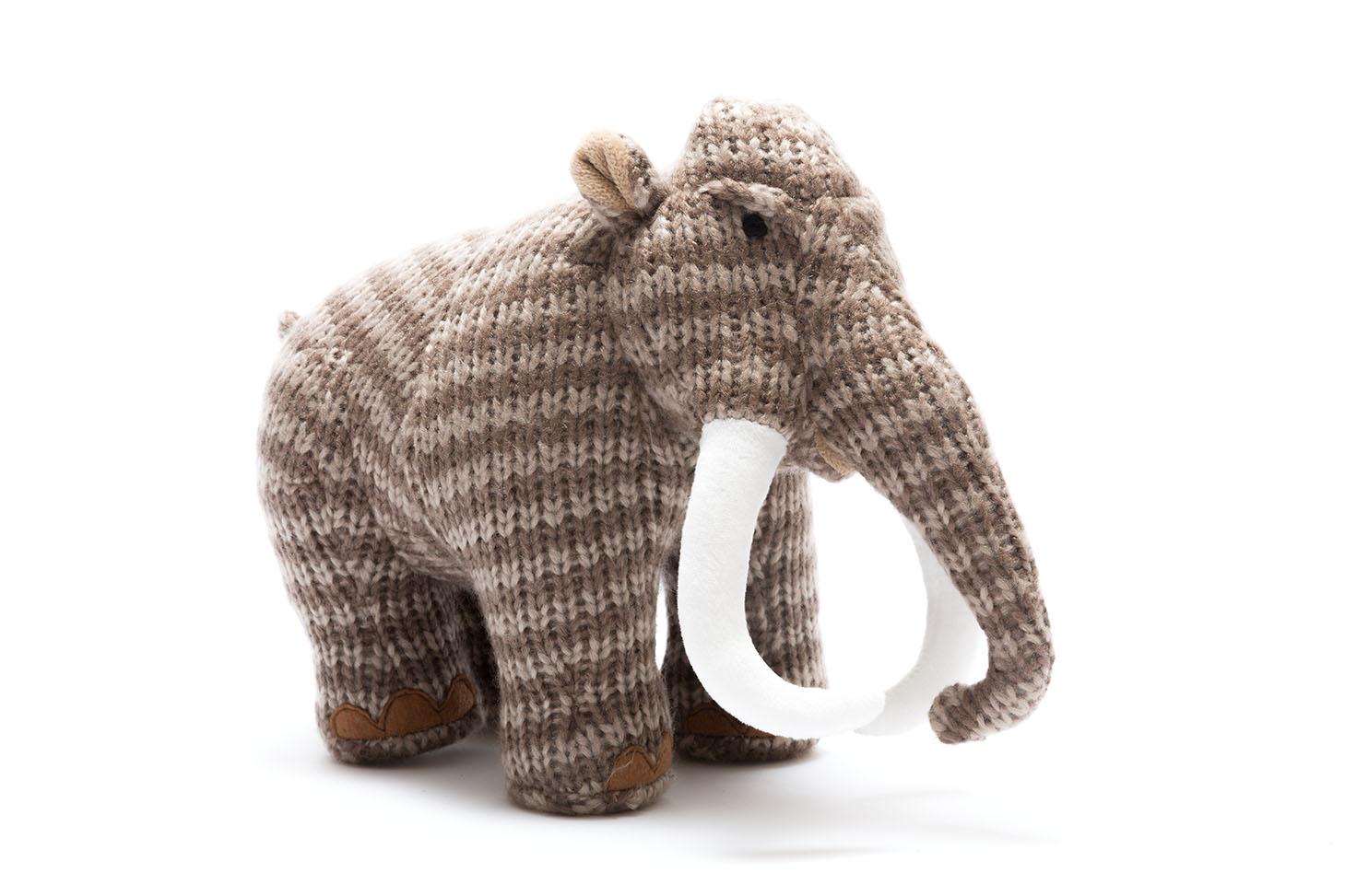 knitted brown woolly mammoth dinosaur toy suitable from birth